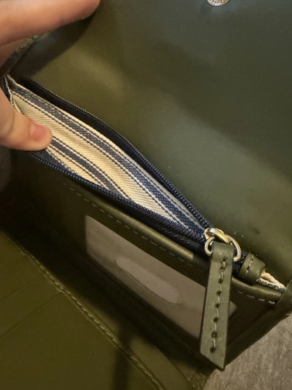 Dooney & Bourke Olive Green Leather Wallet with Striped Cotton Lining - Picture 3 of 4